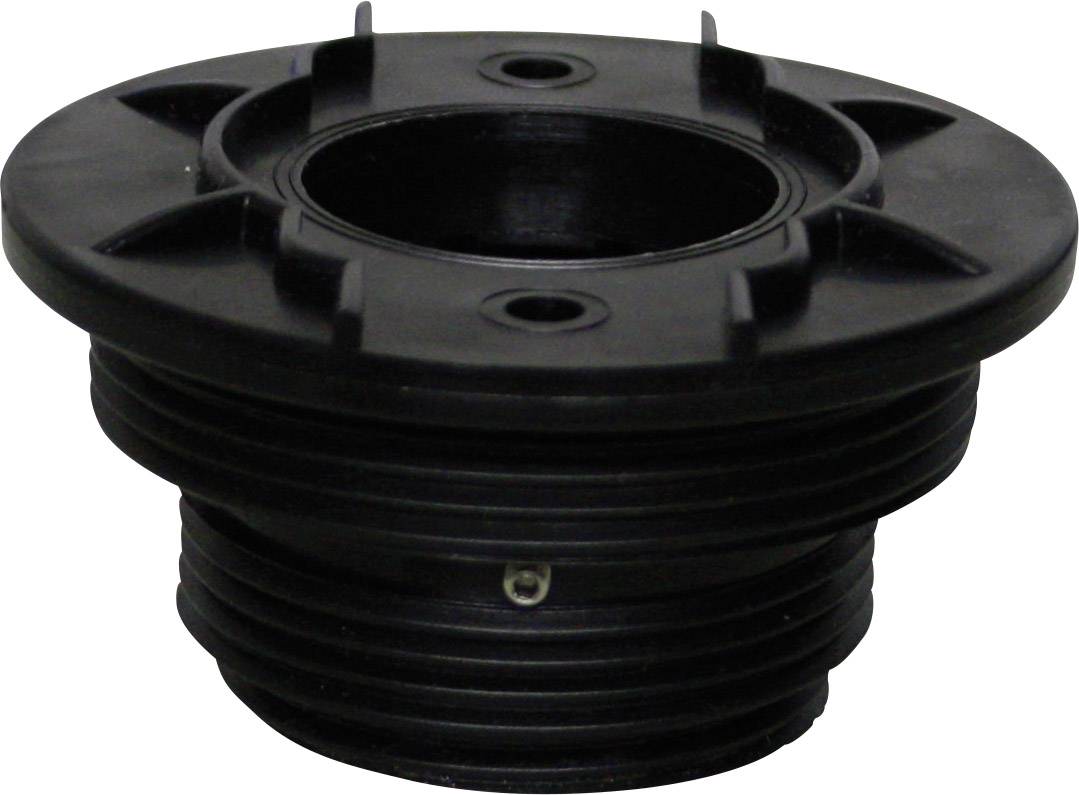 A black plastic flange with multiple threads and openings for fixing or connecting in technical applications.