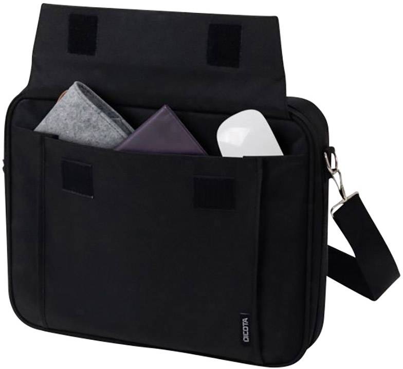 Black shoulder bag with adjustable strap, open front pocket and visible contents: felt sleeve, purple document wallet and white charger.