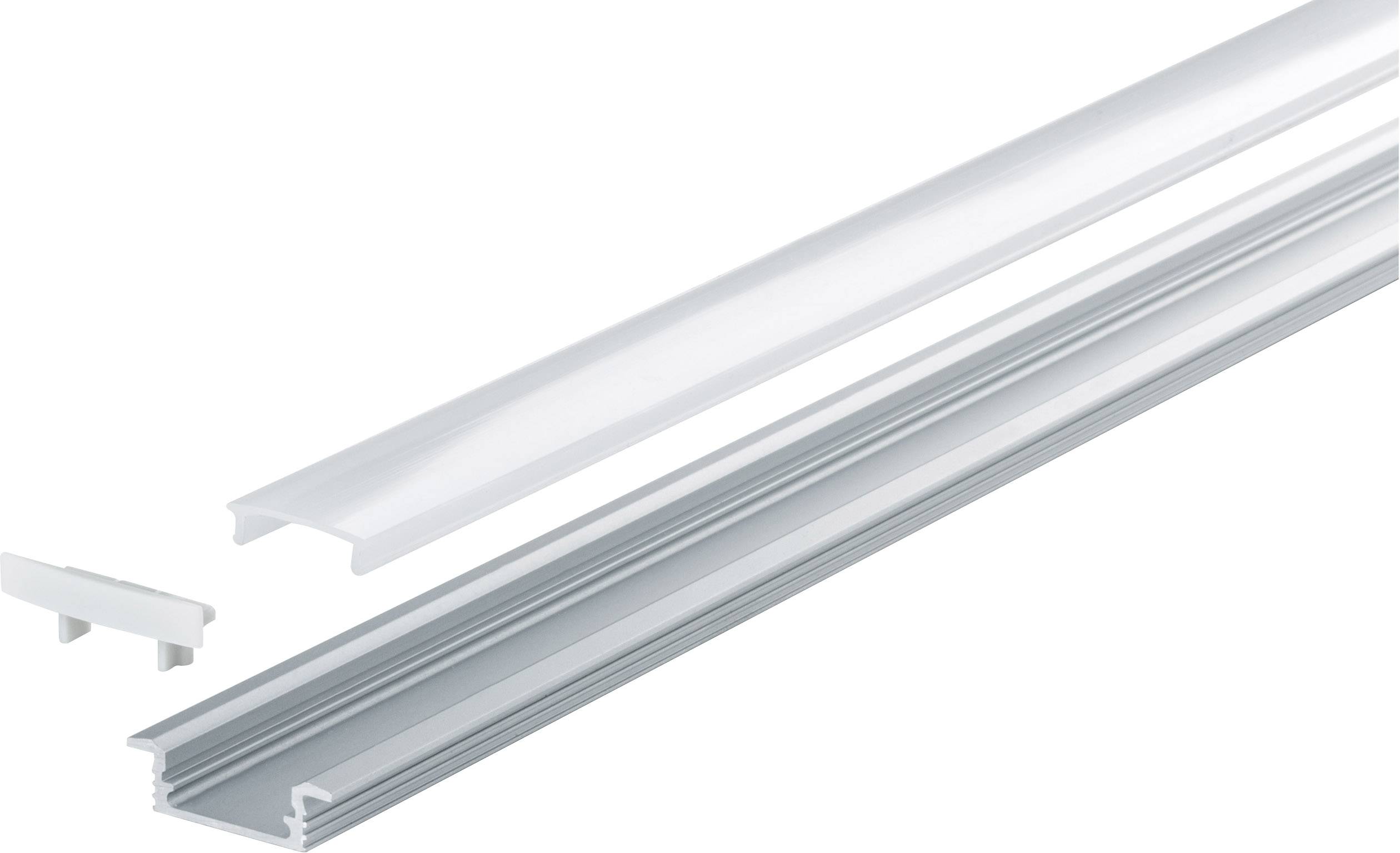 Aluminium profile and cover, open on the side, for installing LED light strips in furniture or interior spaces.