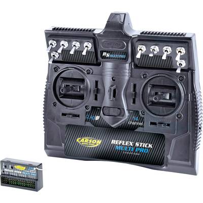Remote control 'Reflex Stick Multi Pro' with two control sticks and switches in black. Logo and labelling visible.