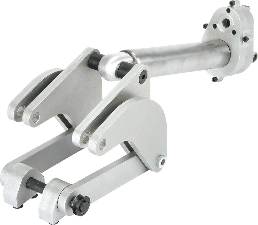 A mechanical metal gripper arm with multiple joints used for grasping or lifting objects.