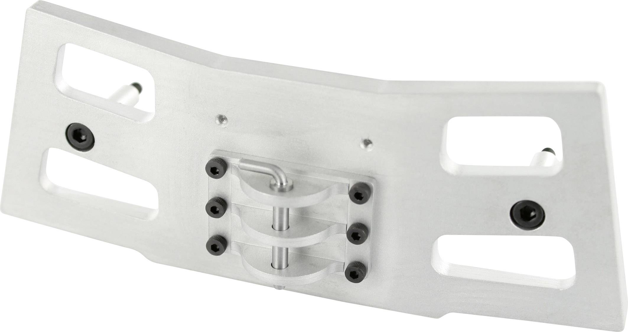 Metal mounting bracket with screw holes and a curved shape, suitable for attaching to flat surfaces or devices.