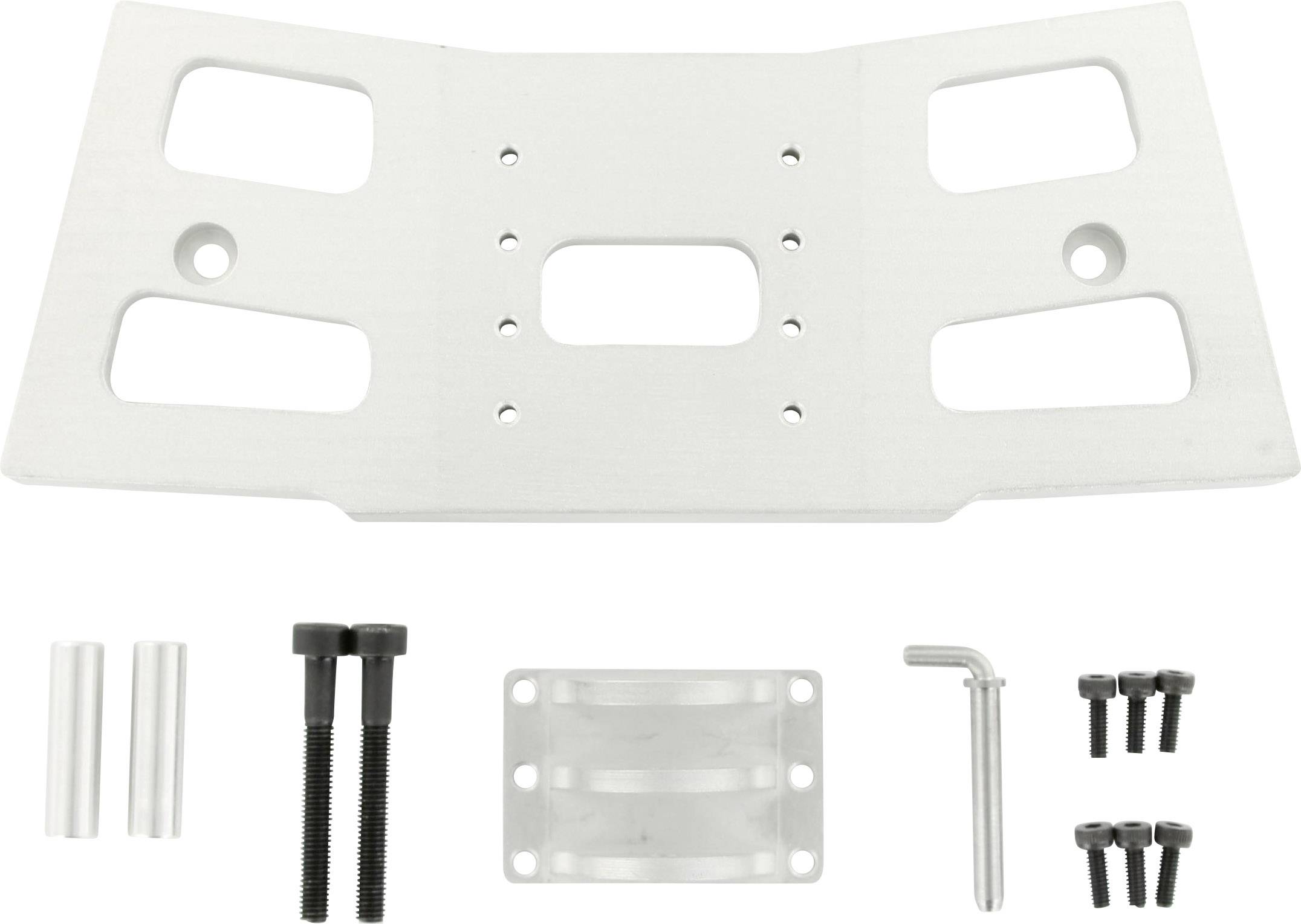 Mounting kit for automotive installation; comprising a metal plate, screws, spacers, and a hexagonal allen key.