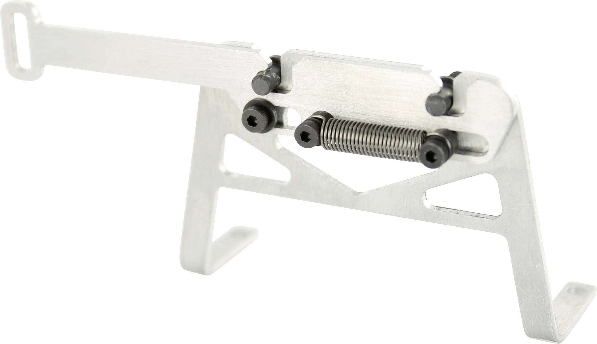 Metal device with spring mechanism, comprising a horizontal and a vertical arm. Likely used for adjustment purposes.