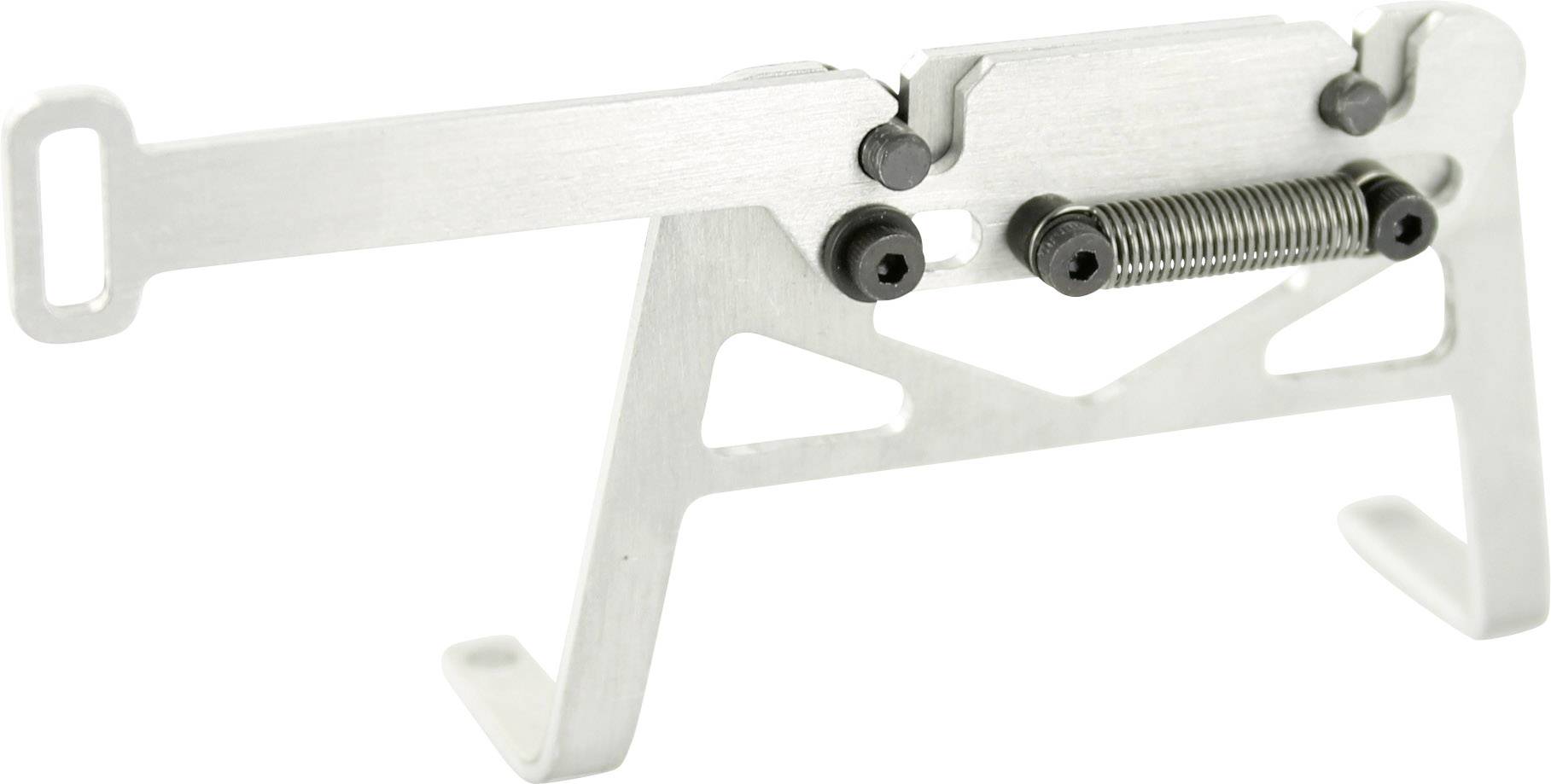 Metal tensioning device with a spring and two screws, likely part of a mechanical apparatus.