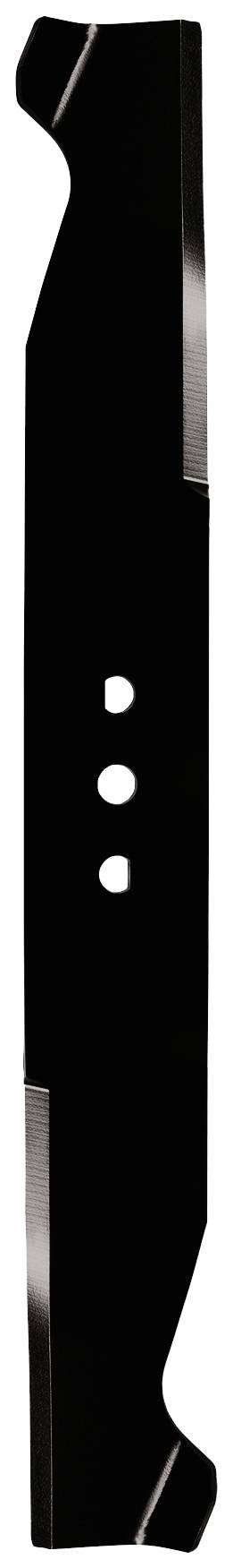Lawnmower blade with three mounting holes, elongated and black, with a slightly curved edge.