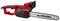 A red and black electric chainsaw with a long saw blade, suitable for woodworking and garden maintenance.