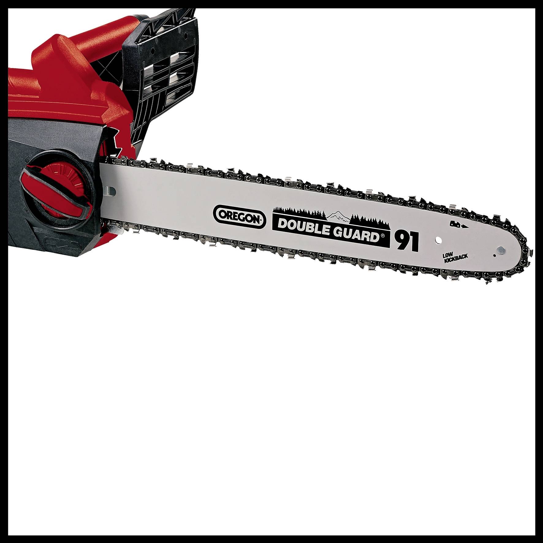 A red chainsaw with a long saw blade from 'Oregon Double Guard 91', suitable for woodcutting work.