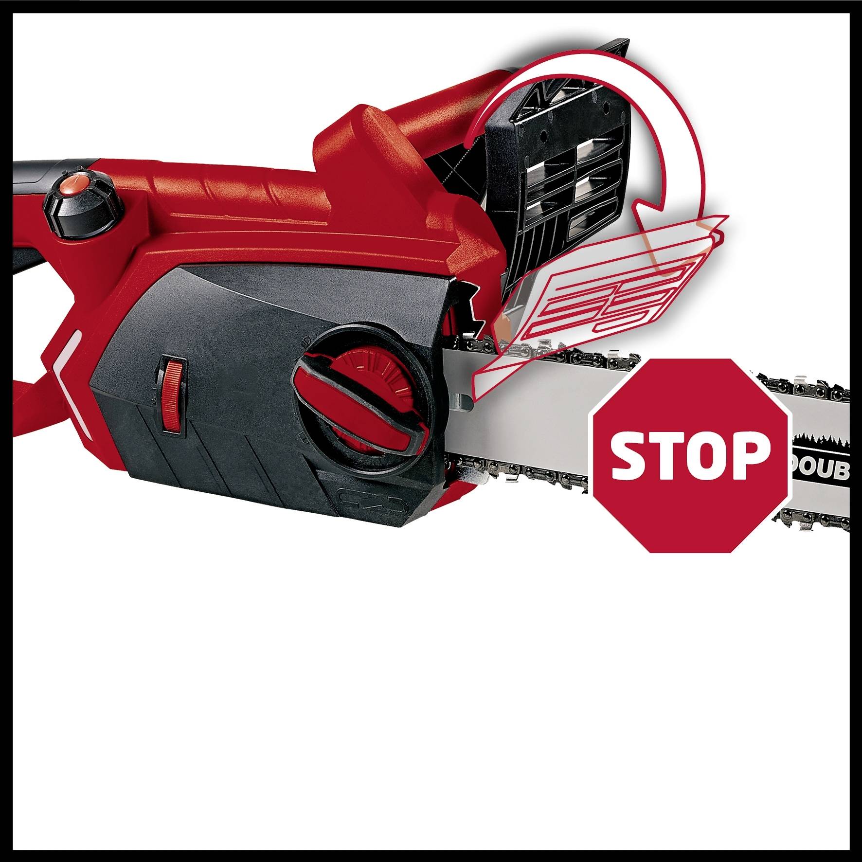 Chainsaw with a stop symbol warning the user not to place their hand near the chain guard.