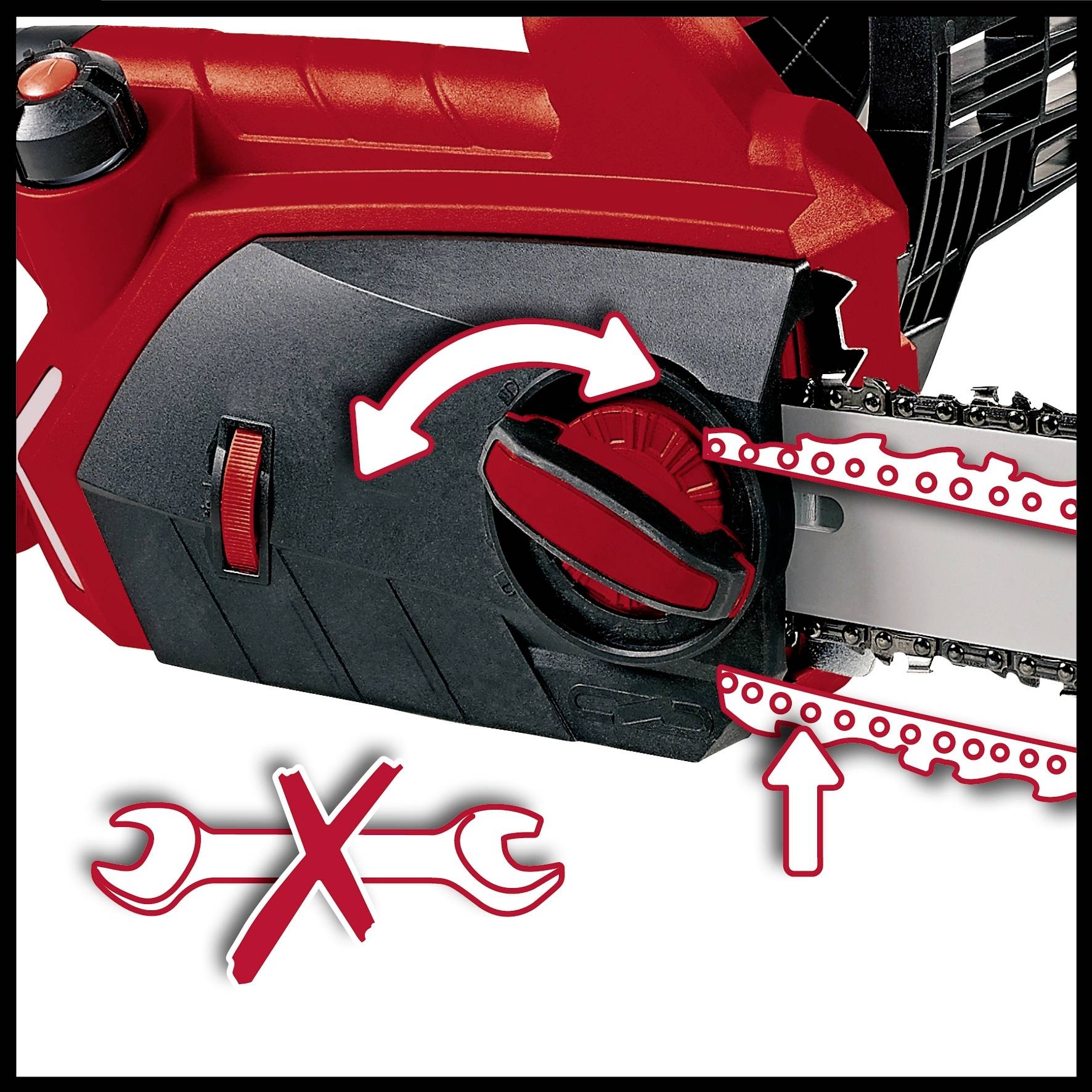 A chainsaw with a red casing. An arrow indicates the chain tension, with two crossed-out spanners pictured beside it.