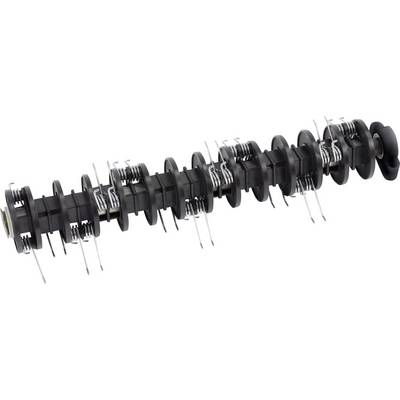Black crankshaft with multiple bearing journals and balance weights, used in engines to convert linear motion into rotational movement.