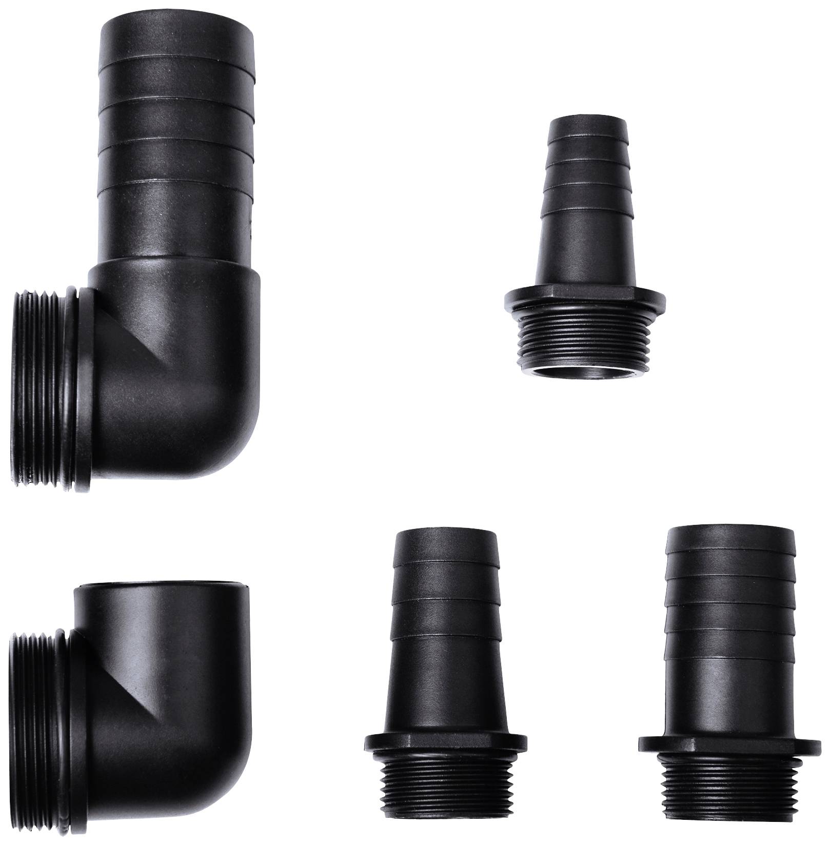 Various black plastic pipe connectors on a white background. Includes angled and straight coupling pieces.