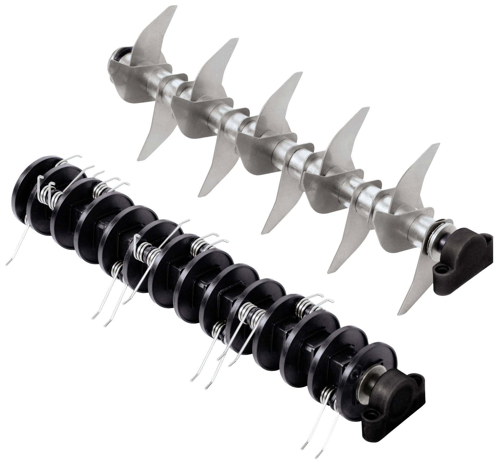 Two different lawn aerator rollers: Top metal with blades, bottom plastic with spring tines.