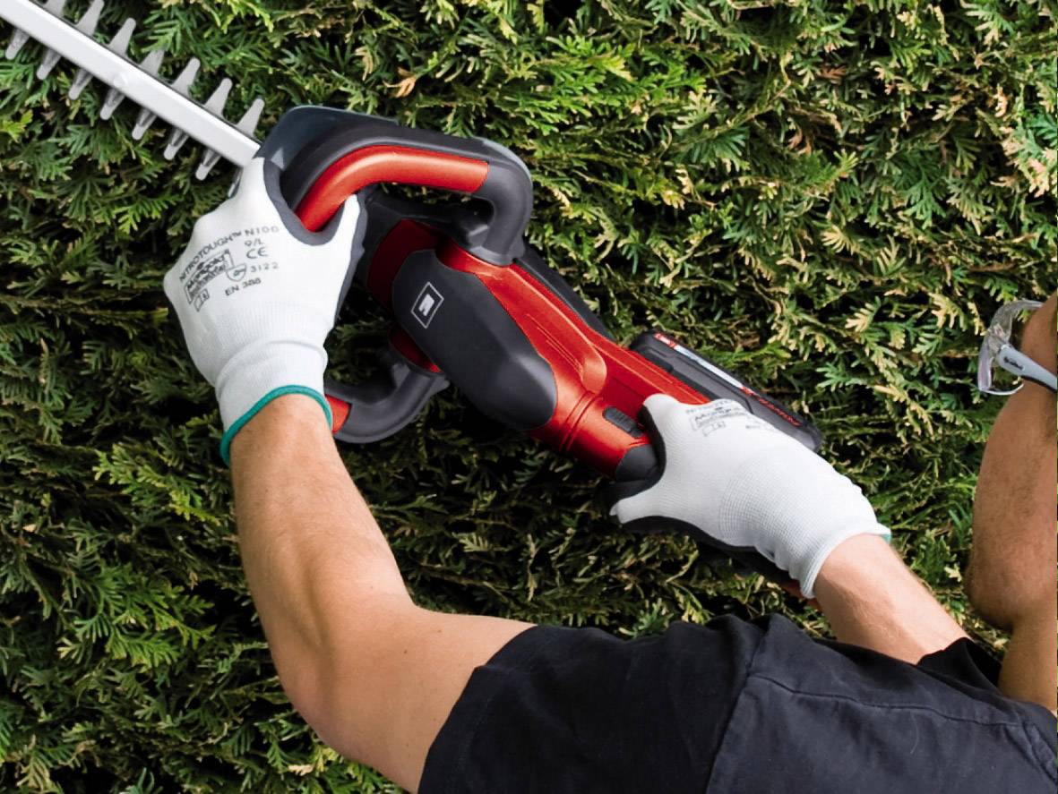 A person wearing work gloves is cutting a hedge with a red electric hedge trimmer.
