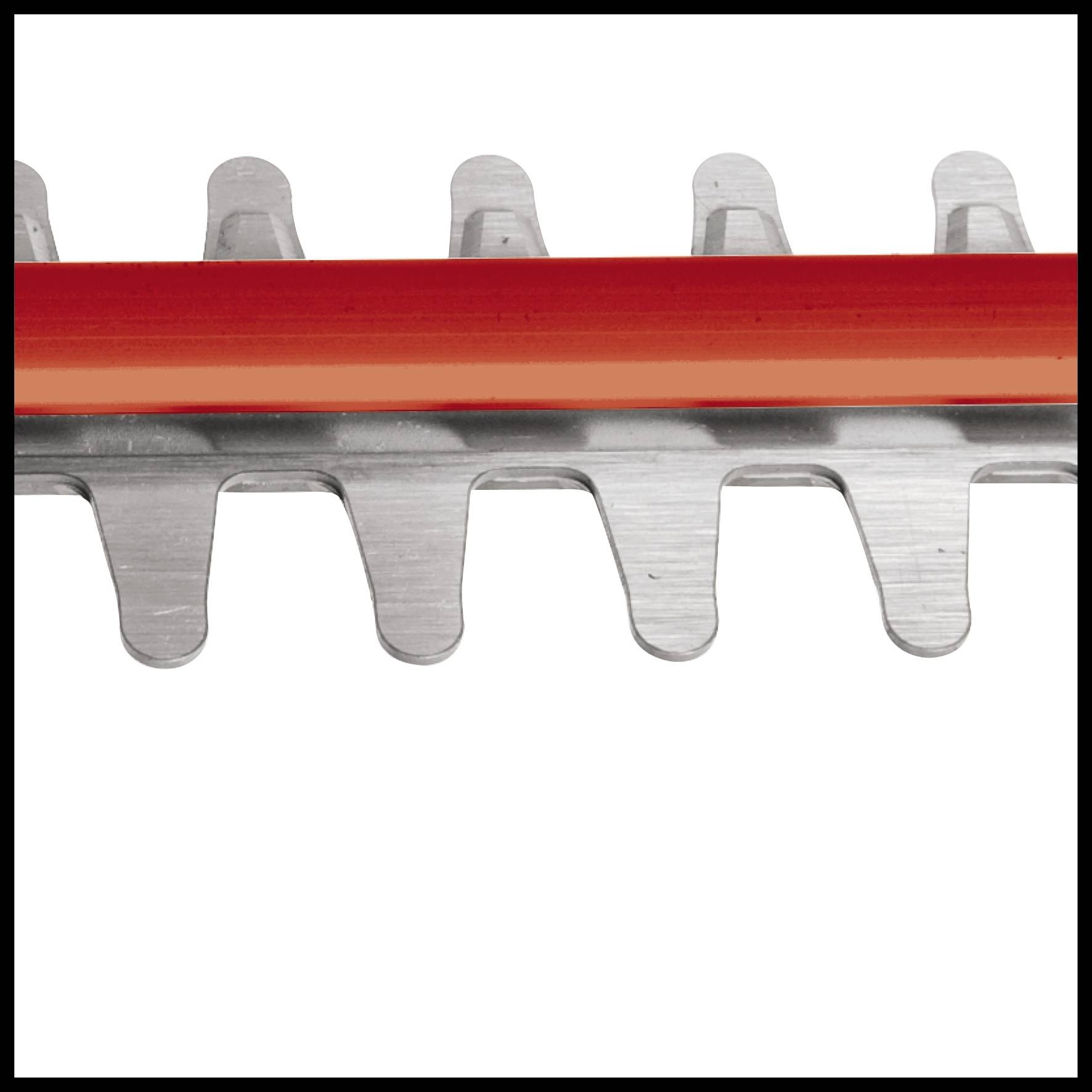 Close-up of a hedge trimmer blade with an orange protective guard and clean silver teeth.