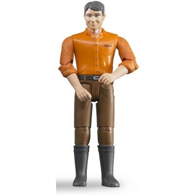 Toy figurine of a man wearing an orange shirt, brown trousers and black boots.