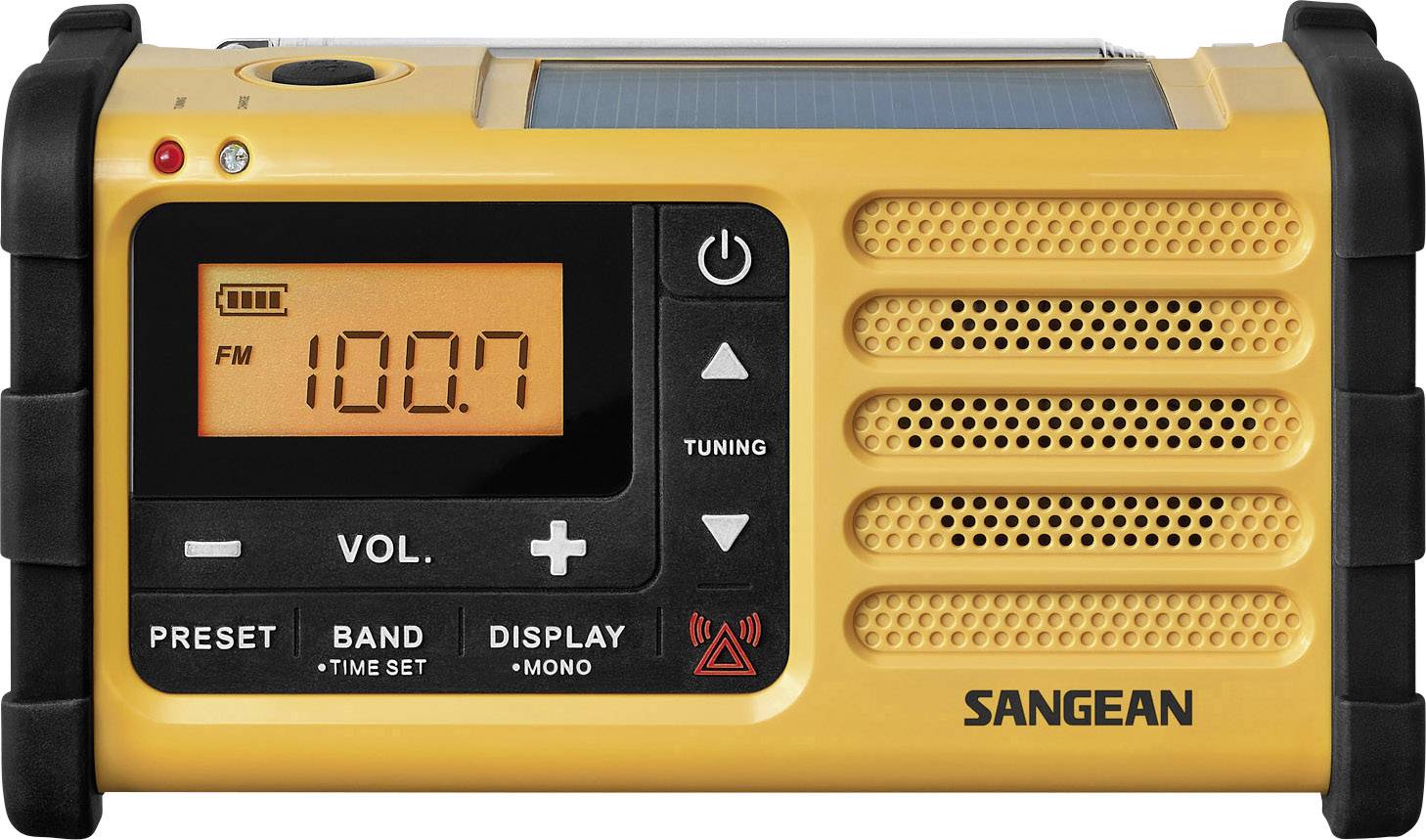 Portable yellow emergency radio with solar cell, hand crank, display showing 'FM 100.7', volume control, tuning dial, and antenna socket.