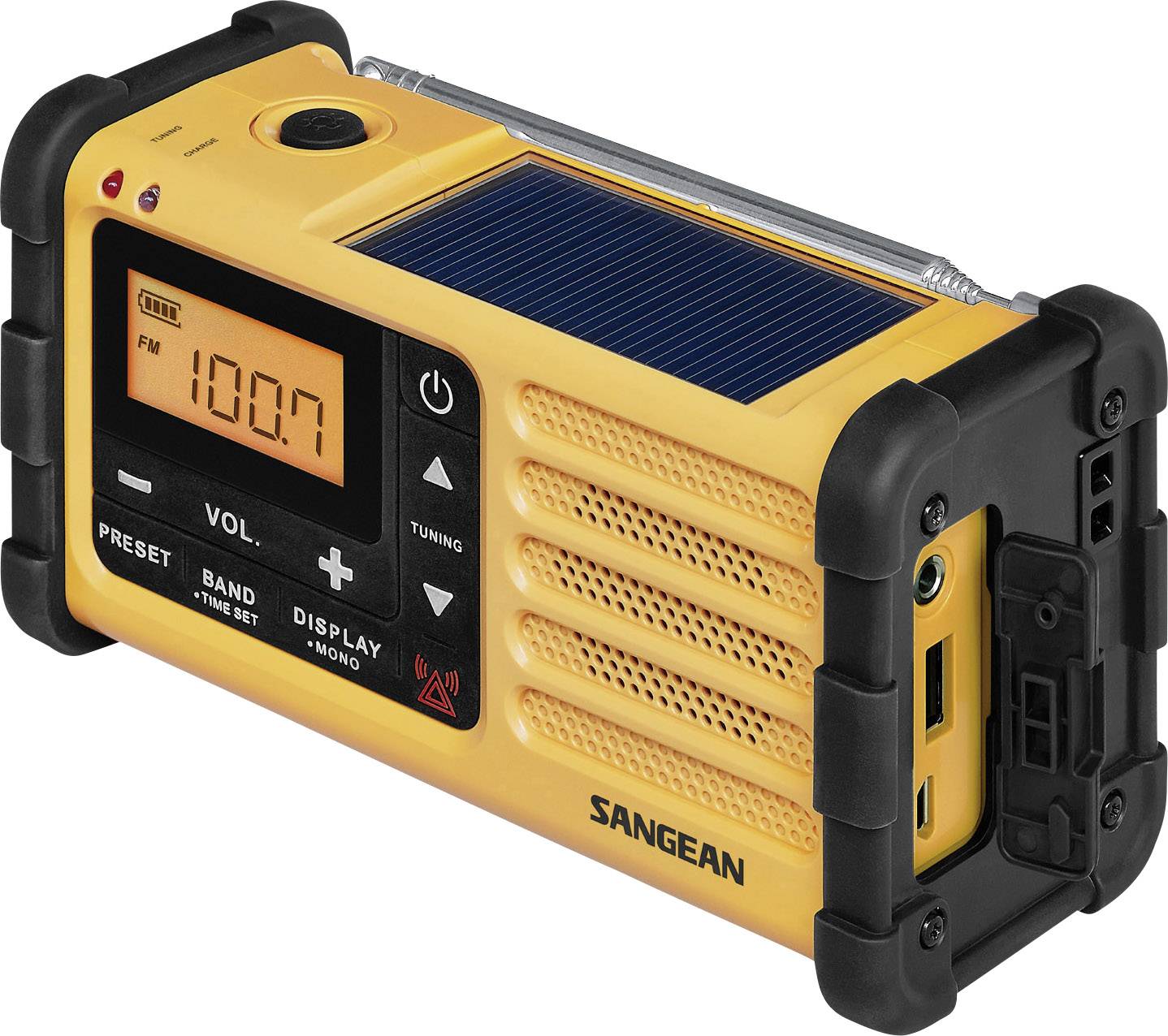 Portable, yellow hand-crank radio with display and solar panel. Shows frequency '100.7'. Corners protected in black, USB port visible.