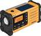 'Solar-powered portable radio in yellow with crank handle and lamp. Displays FM station 100.7. Brand name: Sangean.'