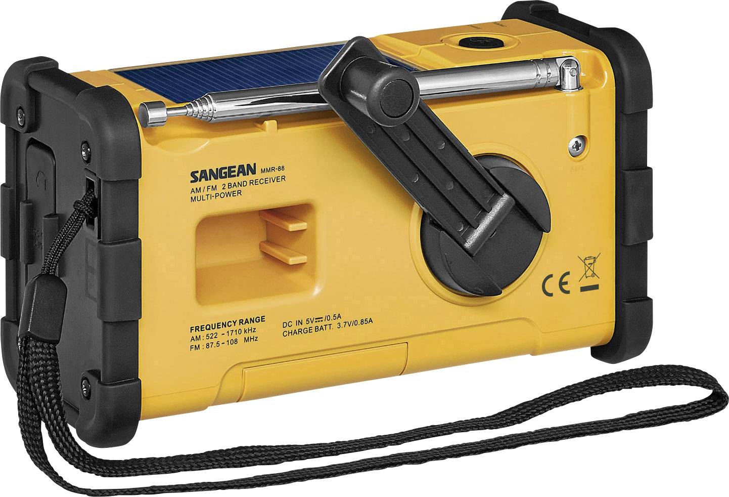 Yellow portable radio with crank handle, solar cells, and carrying strap, branded 'Sangean'. Includes frequency range and CE marking.