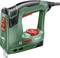 A green electric staple gun by Bosch, model PTK 14 EDT, with a red button and handle. Suitable for stapling and nailing in DIY projects.