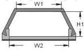 A technical drawing of a trapezoidal profile with the dimensions width W1, width W2, and height H1 is illustrated.