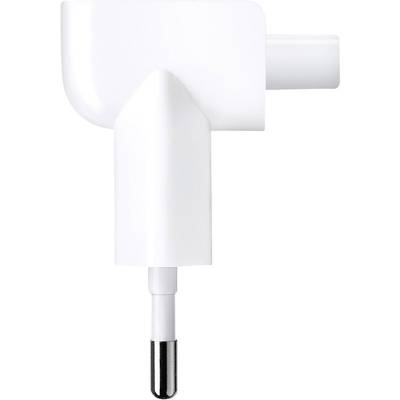 A white power adapter for Apple devices with a rotating plug, enabling compact connection to wall sockets.