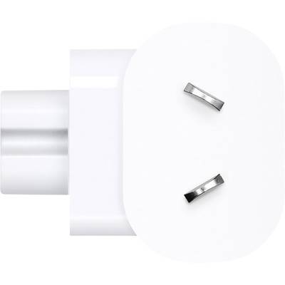 A white plug adapter with two parallel, angled metal contacts. Suitable for Australian power sockets.