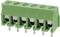 A green, multi-pin connector with five contact points, typically used for electrical connections on printed circuit boards.