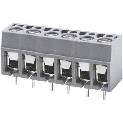Grey electrical connector with six terminals, suitable for inserting wires in electronic circuits.