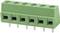 Green, rectangular connector with six metal contacts.