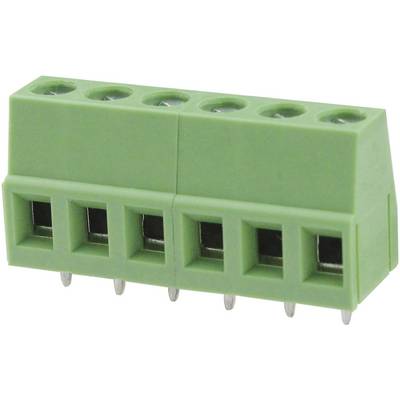 Green, four-pole connector with side-mounted screw terminals. Used for secure electrical connection on a printed circuit board.