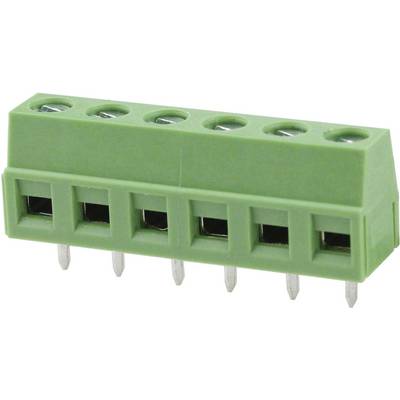 A green, five-way terminal block for electrical connections, with vertical orientation, suitable for printed circuit boards.
