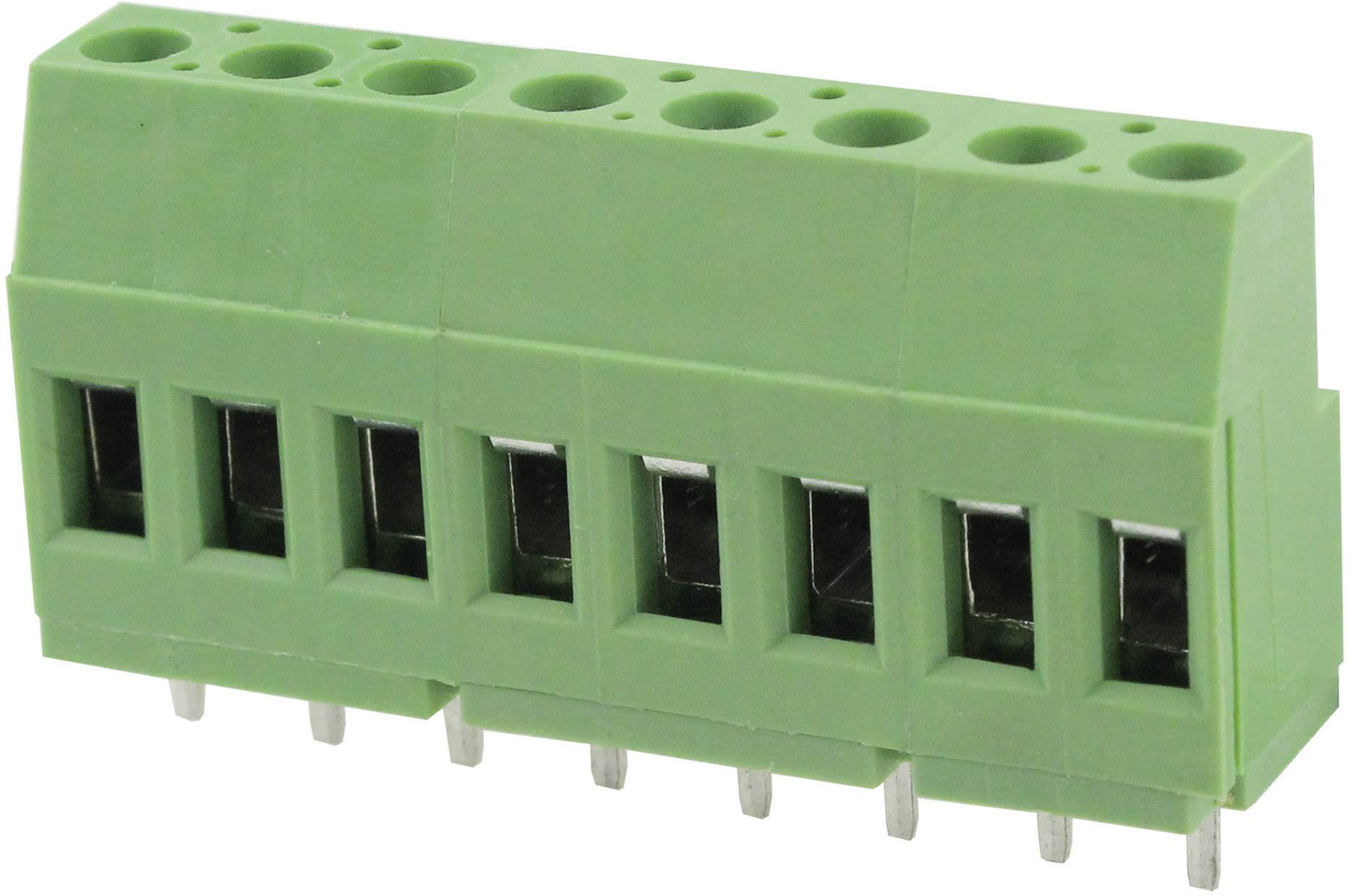 Green connector with six connection points, suitable for circuit board mounting.