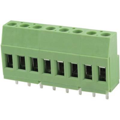 Green connector with six connection points, suitable for circuit board mounting.