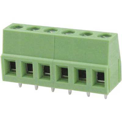 Green connector block with five terminals, commonly used for electronic circuits and device wiring.