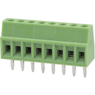 Green connector with six metal pins, suitable for electrical connections on a circuit board.