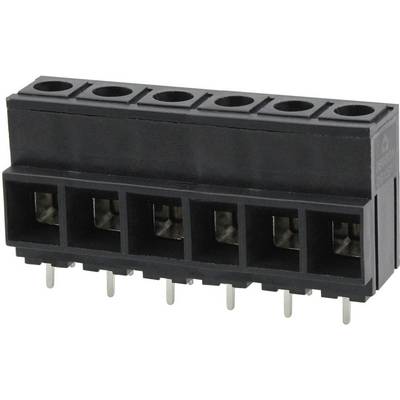 Black, six-pole electrical connector with metal pins, for PCB mounting.