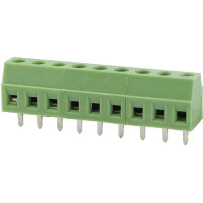 Green, multi-pole screw terminal with metal pins for electrical connections.