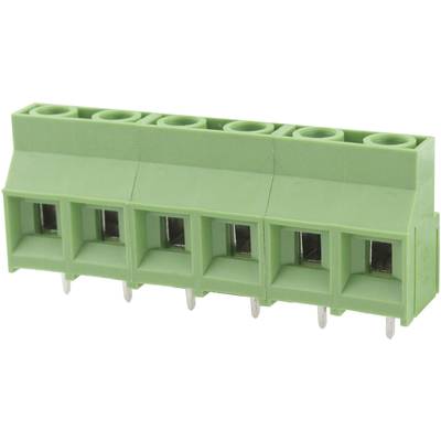 Green, six-pole connecting plug with metal terminals, suitable for electronic circuits and connections.