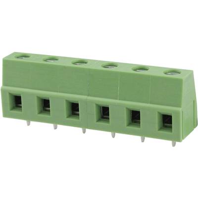 Green screw terminal with five connections, ideal for electronic connections on printed circuit boards.