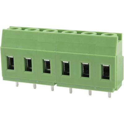 Green connector with six terminals, horizontally oriented, suitable for PCB mounting in electronic devices.
