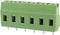 A green connector with six mounting holes and metal pins for connecting electronic components.