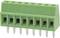 Green and black electrical screw terminal connector with six terminals, suitable for printed circuit board mounting.