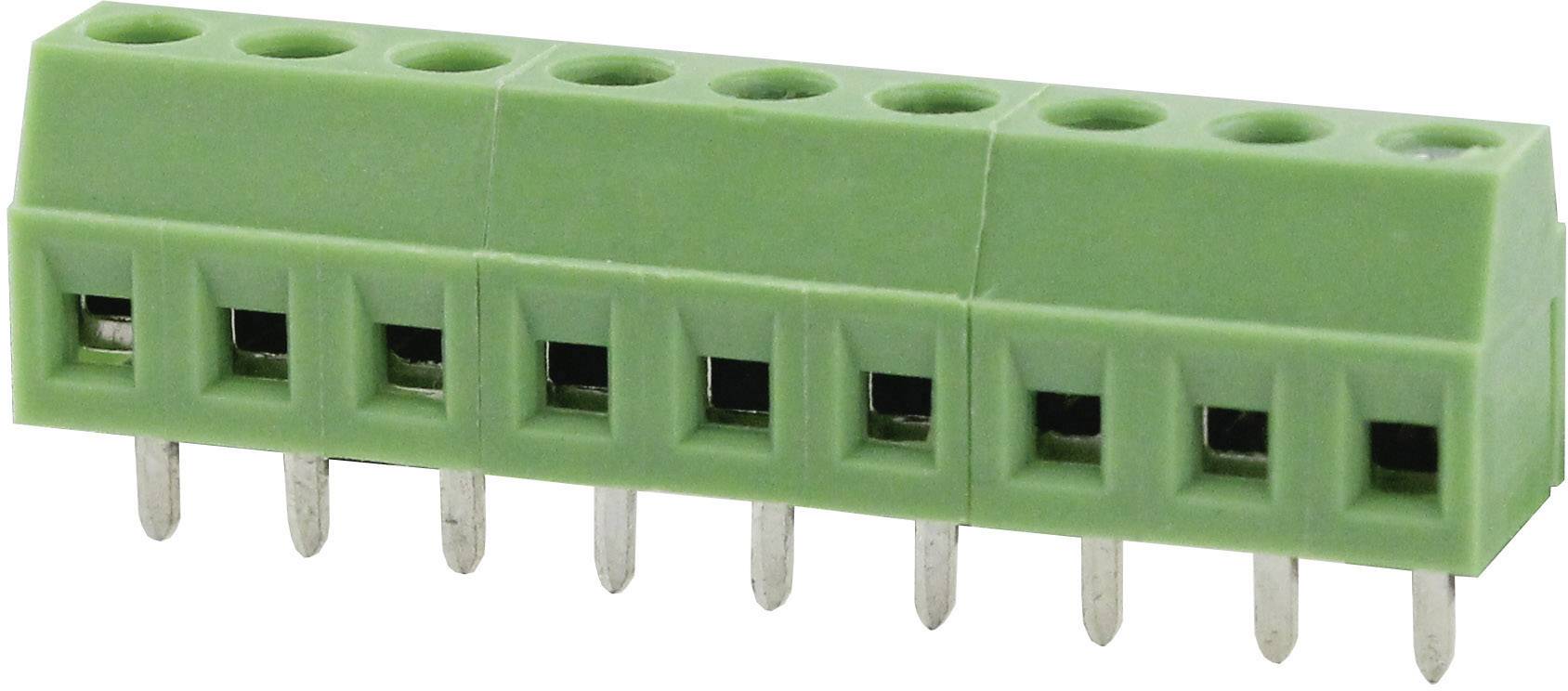 Green connector with eight metal pins. Used for electrical connections on printed circuit boards.