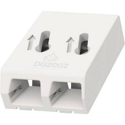 A white connector plug with two openings and arrows indicating the connection direction. Inscription: 'DG2002'.