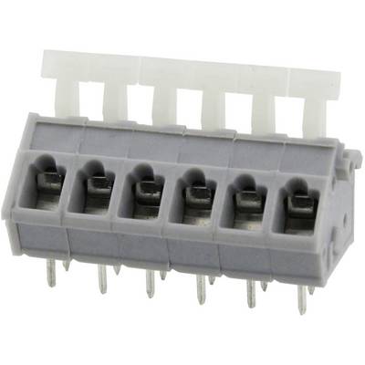 'Electrical connector with six terminals and white retaining clips, side pins for printed circuit board mounting.'