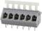 'Electrical connector with six terminals and white retaining clips, side pins for printed circuit board mounting.'