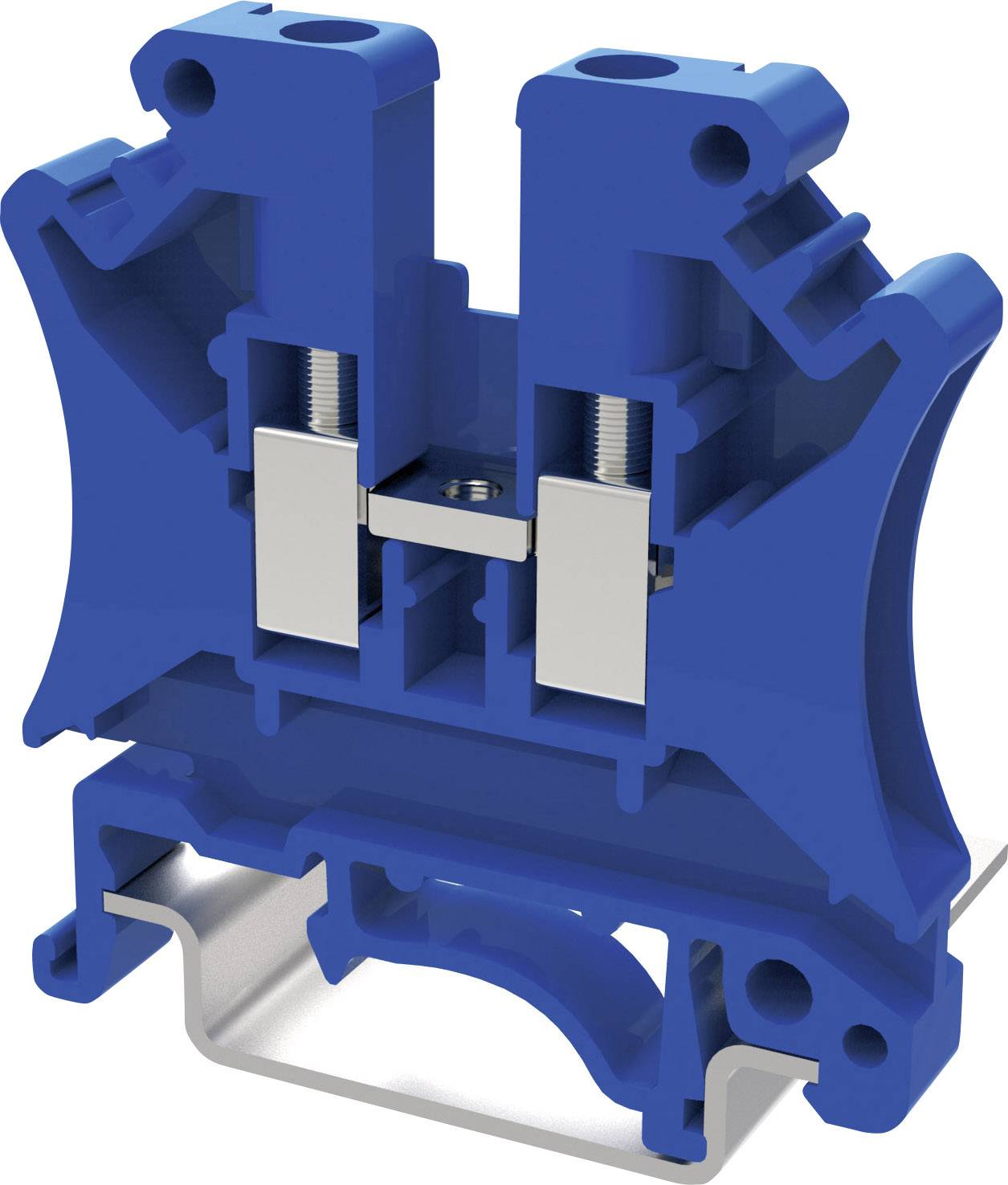Blue terminal block, industrial application, two-part with metal contacts, mounted on rail.