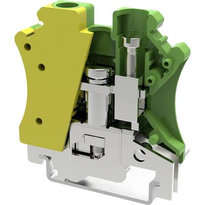 A cross-section of an electrical terminal block showing green and yellow coverings and internal mechanical components.